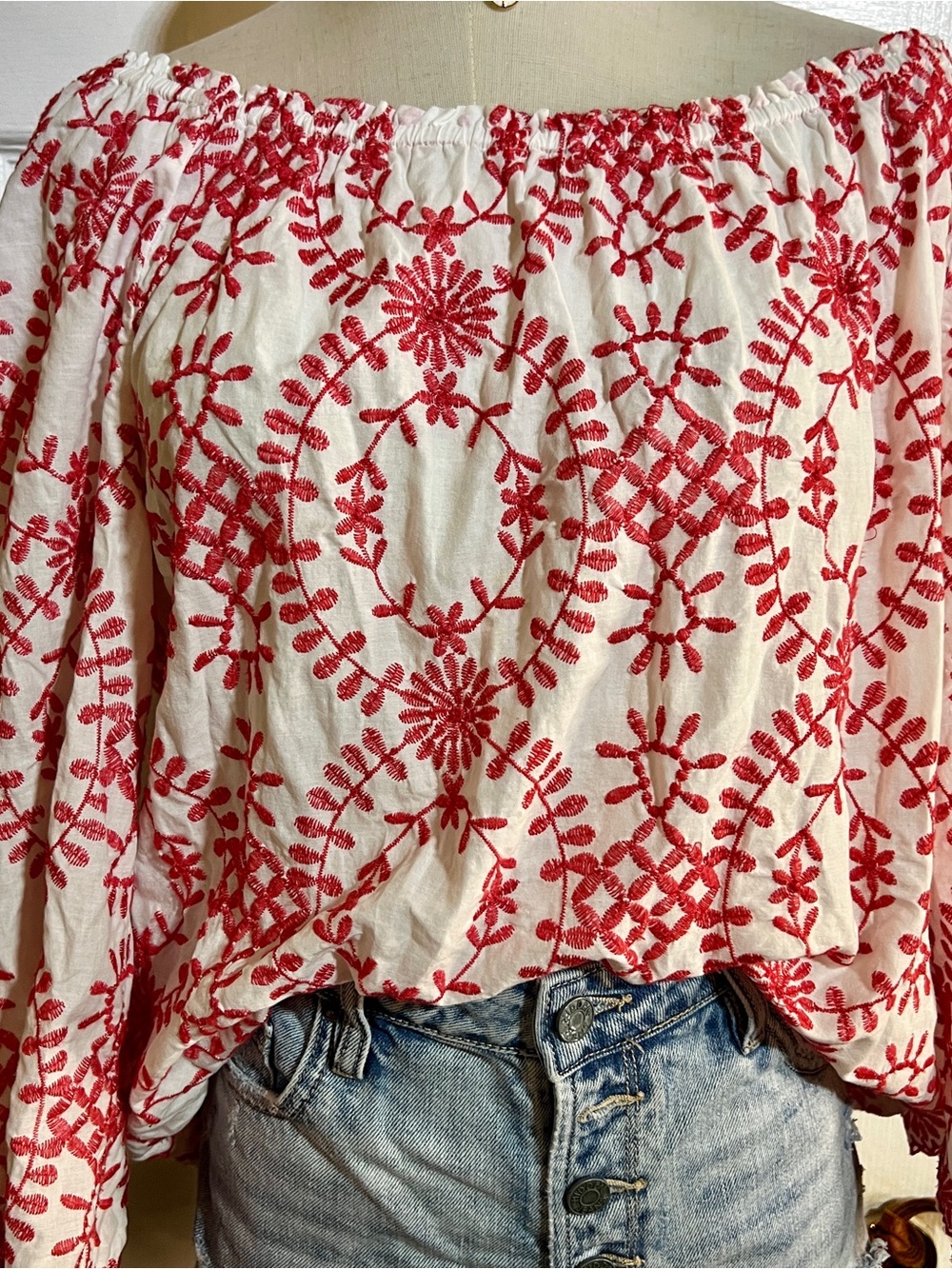 Charter Club Wms Red Cotton Eyelet Embroidered Scalloped Boho Peasant Top M - Picture 2 of 11